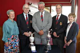Darren Clarke with his Senior British Open trophy and medals at Royal Portrush. Photographed (left to right) – Kath Stewart-Moore, president of the Ladies Branch; Sir Richard McLaughlin, club president; Ashley Moore, men’s captain and Roma English, captain of the Ladies Branch.
