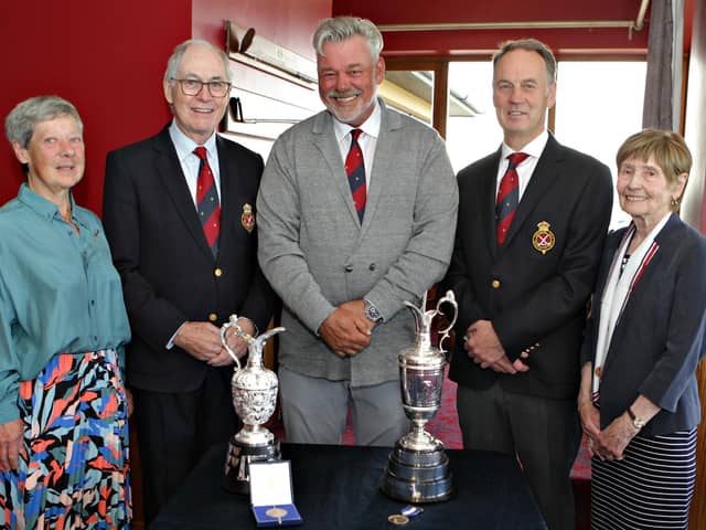 Darren Clarke with his Senior British Open trophy and medals at Royal Portrush. Photographed (left to right) – Kath Stewart-Moore, president of the Ladies Branch; Sir Richard McLaughlin, club president; Ashley Moore, men’s captain and Roma English, captain of the Ladies Branch.