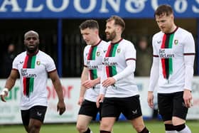 Glentoran players celebrate Niall McGinn's strike against Dungannon Swifts at Stangmore Park