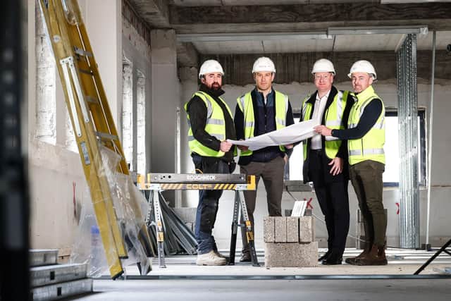Construction work has officially commenced on Staycity Group’s first aparthotel in Northern Ireland, marking a major milestone for the 98-key development in the heart of Belfast city centre, which is scheduled to open for business in May 2027. Pictured is Connor McCann, Killowen Contracts, Aaron Spring, development director at Lotus Property, Paul Herbison, corporate manager at Danske Bank and Andrew Knapton, director at Killowen Contracts