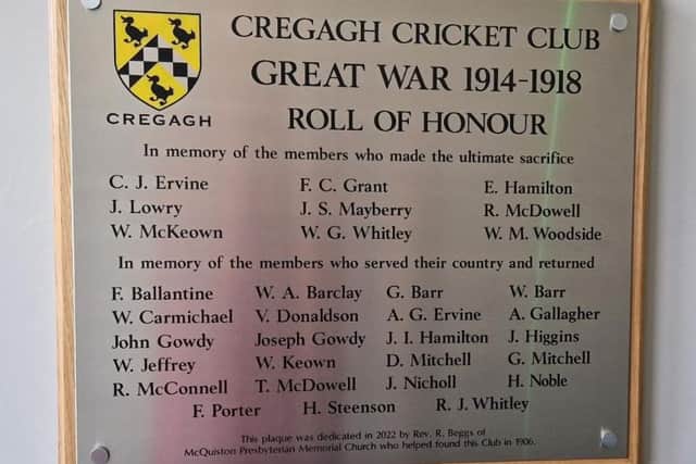 War memorial tablet at Cregagh Cricket Club