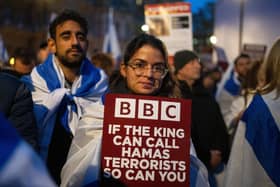 Members of the Jewish community gather outside BBC Broadcasting House to protest against the BBC's ongoing refusal to label Hamas as terrorists, on October 16, 2023 in London, England. Photo: Carl Court/Getty Images