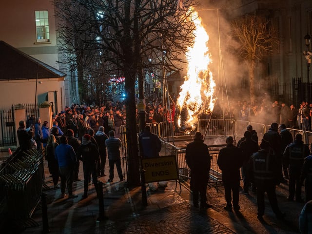 The Apprentice Boys of Derry gathered in Londonderry’s Bishops Street to burn the effigy of Colonel Robert Lundy who wished to surrender the City at the beginning of the Siege of 1688. The burning of the figure is an annual event which was delayed due to Storm Darragh at the weekend. Picture Martin McKeown.