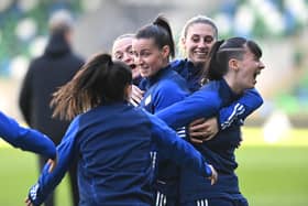 Northern Ireland players enjoying Monday's training session at the National Football Stadium at Windsor Park ahead of facing Montenegro in the UEFA Women's Nations League promotion/relegation play-off second leg. (Photo by Arthur Allison/Pacemaker Press)