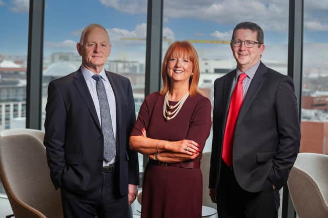 Belfast asset-based lending (ABL) specialist, Upstream, has successfully completed a management buyout (MBO) of the business, bringing it back into full local ownership. Pictured is Lewis McCallan, ABL partner, Judith Totten, founder and CEO,and Bill Hichens, operations director