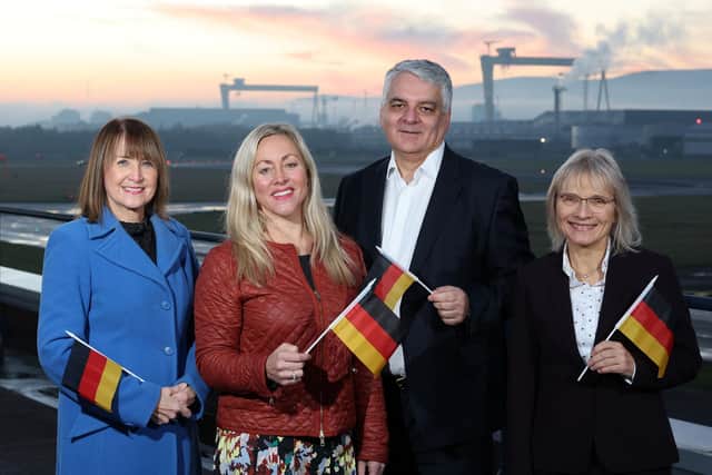 Ann McGregor, Northern Ireland Chamber of Commerce, Katy Best, George Best Belfast City Airport, Mel Chittock, Invest NI and Marion Lübbeke welcoming the news that Lufthansa will commence operations in Northern Ireland in 2023. The airline will operate four flights per week from Belfast City Airport to Frankfurt, providing the only air link between Northern Ireland and Germany