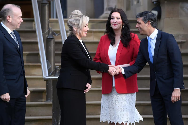 Prime Minister Rishi Sunak (right) meets First Minister Michelle O'Neill (second left) and Deputy First Minister Emma Little-Pengelly as Northern Ireland Secretary Chris Heaton-Harris looks on at Stormont Castle, Belfast, following the restoration of the powersharing executive.