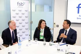 Tina McKenzie MBE, the UK policy chair of FSB, hosted the Taoiseach, Leo Varadkar, at a roundtable discussion with business leaders in Belfast focusing on building trading relationships throughout the UK and Ireland. Pictured is Taoiseach Leo Varadkar with Tina McKenzie MBE, FSB UK policy chair and Roger Pollen, head of FSB NI