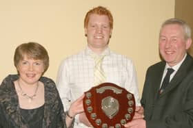 Young stock person award was presented to Chris Weatherup, who is seen with Robert and Lorna Forde. Picture: Farming Life archives/Kevin McAuley