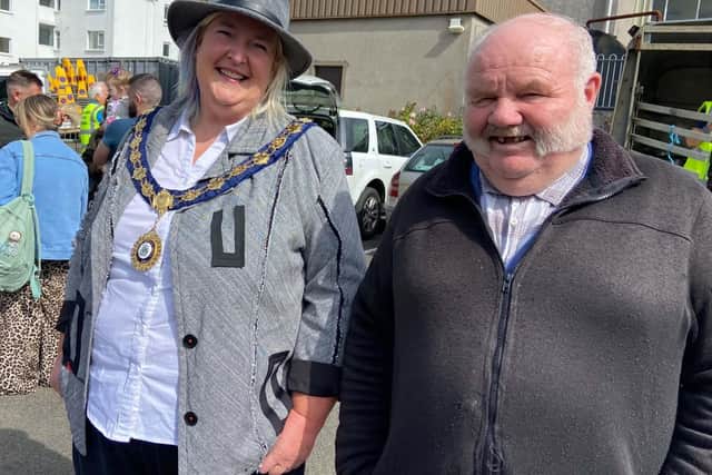 Deputy Mayor Sandra Hunter and Nat McClean Pictured at the horse show during the Old Lammas Fair in Ballycastle on Saturday 21 August. Picture Kevin McAuley