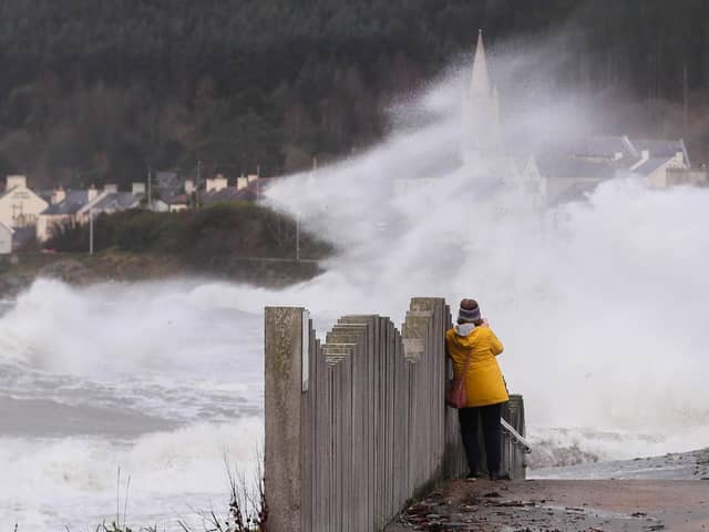 The Met Office has named the next storm to hit Northern Ireland, which is set to bring gusts of up to 80mph over the weekend. Pictured are strong winds and waves hitting the coast at Newcastle, Co. Down in December 2021. Picture by Jonathan Porter/PressEye