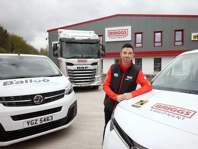 Carrickfergus man Glenn Irwin pictured at the opening of a new building at the Lisburn headquarters of the North West 200's title sponsor, Briggs Equipment, this week