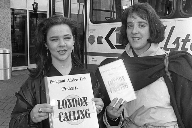 More than 6,000 young people left Northern Ireland for England in 1989 – many of them unprepared, reported the News Letter in February 1992. Because of this the Belfast-based Emigrant Advice Unit had commissioned an educational video showing the experience of living in London for young Northern Irish people. The video, London Calling, was launched at the Europa Buscentre. Emigrant Advice Unit development officer Mary White, pictured right, and Tracie McKee of the Blackwater Media Workshop, launch the London Calling advice video. Picture: News Letter archives