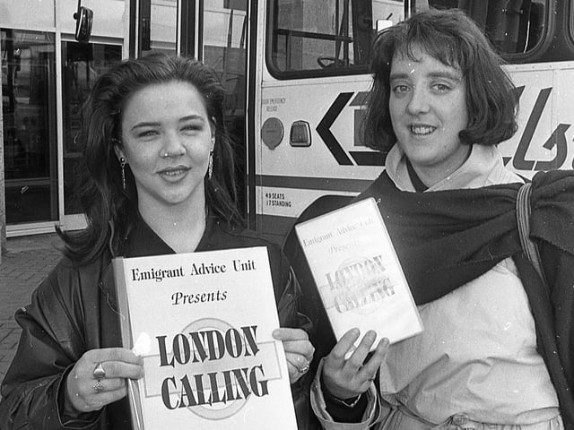 More than 6,000 young people left Northern Ireland for England in 1989 – many of them unprepared, reported the News Letter in February 1992. Because of this the Belfast-based Emigrant Advice Unit had commissioned an educational video showing the experience of living in London for young Northern Irish people. The video, London Calling, was launched at the Europa Buscentre. Emigrant Advice Unit development officer Mary White, pictured right, and Tracie McKee of the Blackwater Media Workshop, launch the London Calling advice video. Picture: News Letter archives
