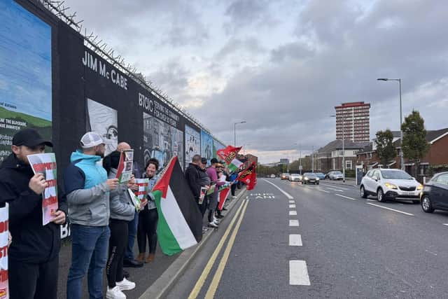 Image of people at a pro-'Palestinian resistance' rally called by the IRSP in west Belfast on Tuesday night (Divis tower is in the background)