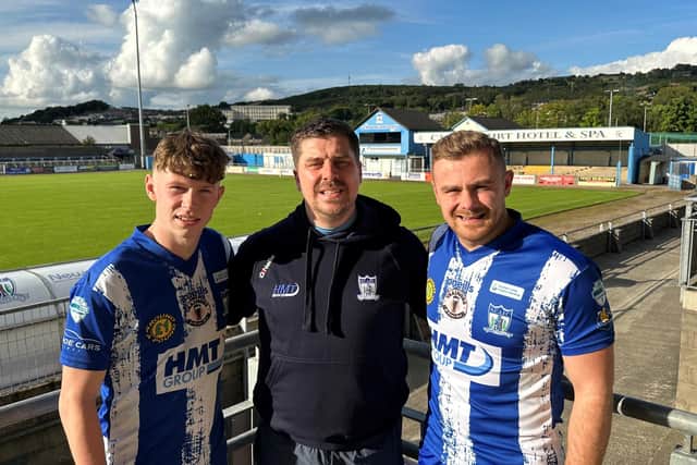 Newry City manager Gary Boyle with new signings Daragh Owens and Georgie Poynton. PIC: Newry City AFC