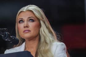 Erika Kirk speaks during the memorial service for her husband Charlie at State Farm Stadium on September 21, 2025 in Glendale, Arizona (photo by Win McNamee/Getty Images)