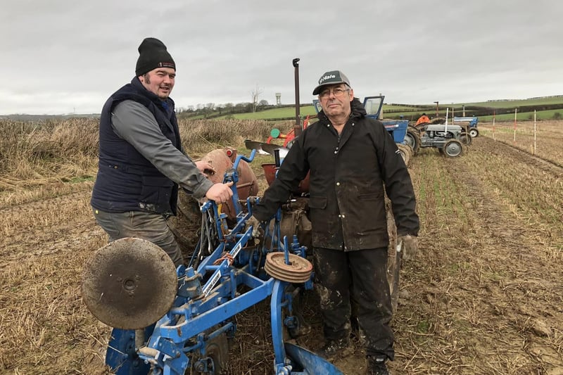Francis Henry from Newtowards with Grantham McKee from Killkeel at the ploughing day held at Killough by the Ploughing Academy for Northern Ireland. Picture:  Ploughing Academy for Northern Ireland