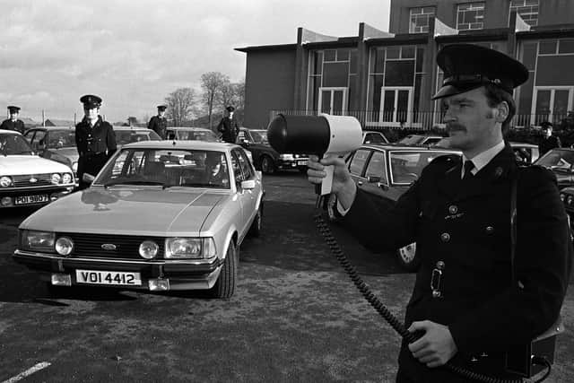 RUC officers from Traffic Branch at the launch of a clampdown on bad driving in November 1980. Pacemaker Belfast 989/80/bw