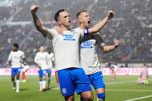 Rangers' Lawrence Shankland celebrates scoring his side's second goal of the game at Falkirk Stadium. (Photo by Andrew Milligan/PA Wire)