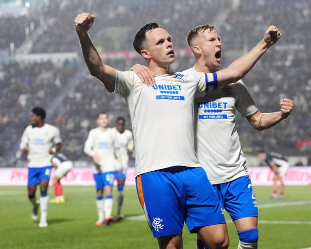 Rangers' Lawrence Shankland celebrates scoring his side's second goal of the game at Falkirk Stadium. (Photo by Andrew Milligan/PA Wire)