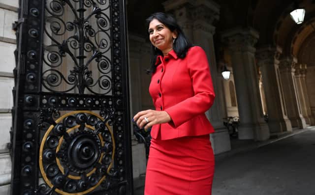 The UK's Home Secretary Suella Braverman seen arriving at 10 Downing Street late last year. Prior to the Windsor Framework she warned Rishi Sunak not to abandon the Northern Ireland Protocol Bill, saying that it was leverage against the EU (Photo by JUSTIN TALLIS/AFP via Getty Images)
