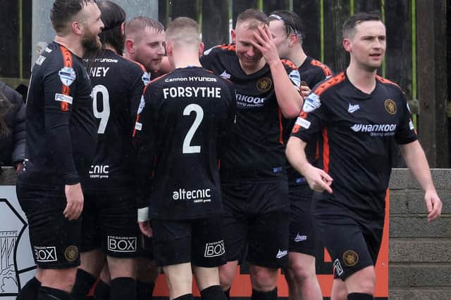 Carrick's David Cushley celebrates his stunning goal against Dungannon Swifts