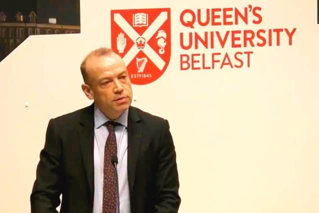 Chris Heaton-Harris delivering his speech at QUB today