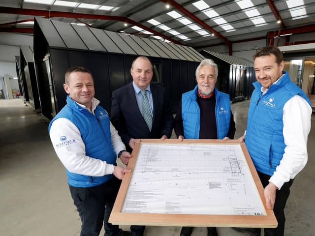 Northern Ireland's Bluefield Houseboats invests in new production facility, creating three new jobs. Pictured with Ulster Bank business development manager Derick Wilson are Bluefield Houseboats operations director Colin Nelson, chairman Tony Reid and technical director Justin Reid