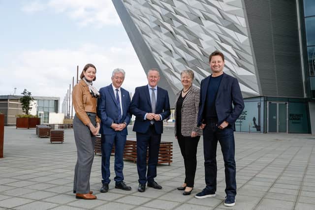 Tourism has the greatest potential of any sector in the local economy to drive growth in all regions of Northern Ireland, a major industry event was told today. Pictured is Alice Mansergh, chief executive of Tourism Ireland, John McGrillen, chief executive of Tourism NI, Economy Minister Conor Murphy, Ellvena Graham, chair of Tourism Northern Ireland and George Clarke, architect and television presenter