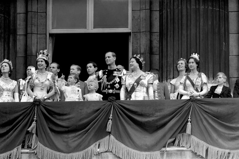 File photo dated 02/06/53 of Queen Elizabeth II, Prince Charles, Princess Anne, the Duke of Edinburgh, the Queen Mother, and Princess Margaret on the balcony of Buckingham Palace to view the fly past of the Royal Air Force after the Coronation. Issue date: Wednesday April 26, 2023. PA Photo. See PA story ROYAL Coronation King. Photo credit should read: PA/PA Wire