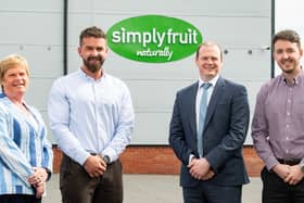 Pictured at Simplyfruit in Craigavon are Dr Vicky Kell, director of innovation research & development Invest NI, Connor McCann, operational director, Simplyfruit,  Economy Minister Gordon Lyons and Patrick McCann junior, commercial director Simplyfruit.
