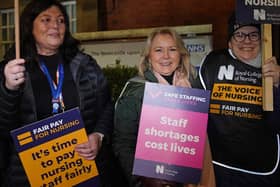 Royal College of Nursing (RCN) General Secretary Pat Cullen joins members of the RCN on the picket line outside the Royal Victoria