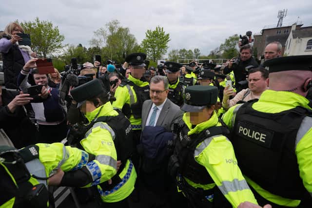 Former DUP leader Jeffrey Donaldson leaving Newry Magistrates' Court, after he was released on bail for child sex abuse charges in April 2024.