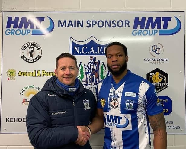 Newry City manager Darren Mullen pictured with new signing Olajuwon Adeyemo. Pic: Newry City