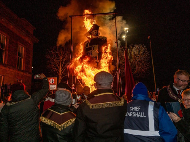 The Apprentice Boys of Derry gathered in Londonderry’s Bishops Street to burn the effigy of Colonel Robert Lundy who wished to surrender the City at the beginning of the Siege of 1688. The burning of the figure is an annual event which was delayed due to Storm Darragh at the weekend. Picture Martin McKeown