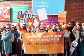 Junior doctors at a picket line at the Royal Victoria Hospital in Belfast back in March when they staged a 24-hour strike over pay. A fresh 48-hour walkout starts at 7am on Wednesday, with a second 48-hour strike scheduled for June 6-8.  Photo by Jonathan Porter/Press Eye