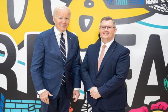 US President Joe Biden meeting Sir Jeffrey Donaldson MP, leader of the DUP, at Ulster University in Belfast on Wednesday. Sir Jeffrey says that the presidential visit must not detract from finding a cross-community route to restoring devolution at Stormont