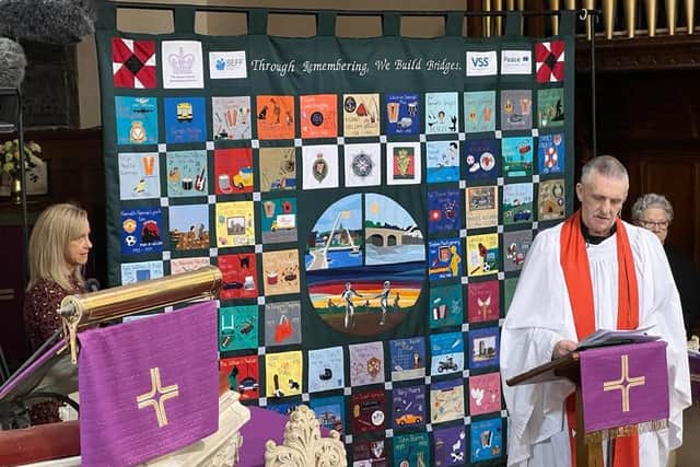 In Christ Church Strabane on Sunday over 200 family representatives witnessed the dedication of SEFF’s new Memorial Quilt to 74 victims of the Troubles in West Tyrone and the North West Region.