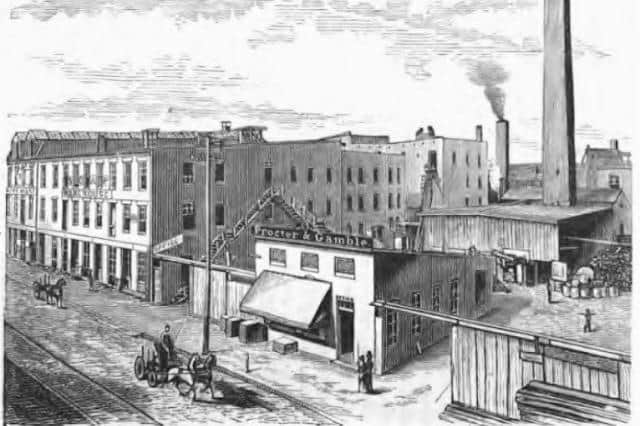 Procter & Gamble’s original Cincinnati factory circa 1875, during a period of rapid expansion for the business co-founded by Fermanagh-born James Gamble, as it grew from a local soap and candle maker into a leading American manufacturer