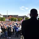 Jamie Bryson addresses the crowd during an anti-Northern Ireland Protocol protest rally on June 18, 2021 in Newtownards, Northern Ireland