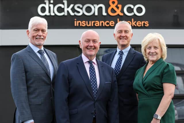Dickson & Co Insurance welcomes Kerr Group to the family business. Pictured are Roland Kerr, managing director, Kerr Group Insurance and managing director Ashley Dickson with fellow directors Gavin Mitchell and Ruth Dickson from Dickson & Co Insurance Group