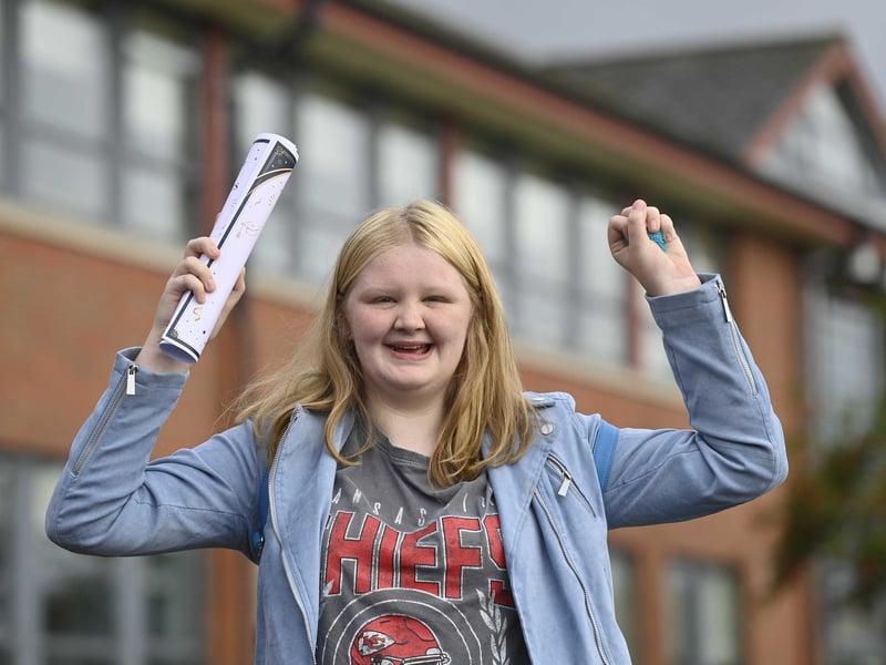 Chloe Shaw celebrates her GCSE results at Hazelwood Integrated College in Newtownabbey