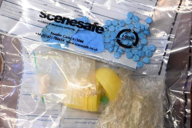 Samples of illegal drugs confiscated at Maghaberry Prison, Lisburn, as new X-ray scanners have been unveiled to assist Northern Ireland prisons in the fight against illegal drugs being brought into prisons. Photo credit: Michael Cooper/Department of Justice/PA Wire