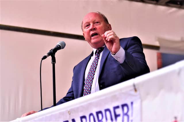 Pacemaker Press 17-09-2021: TUV leader Jim Allister  pictured speaking at the  Protocol protest on the Newtownards Road in East Belfast, Northern Ireland. Hundreds take part in the protest against Northern Ireland  Protocol in Belfast.
Picture By: Arthur Allison/Pacemaker Press.