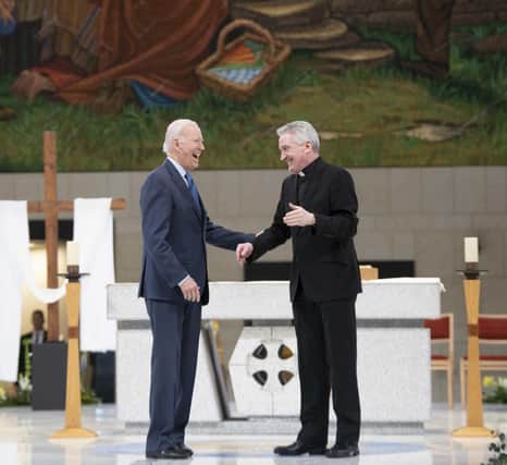 US President Joe Biden visiting Knock Shrine and Basilica in Mayo with Fr. Richard Gibbons, on the last day of his visit to the island of Ireland last Friday. President Biden has expressed support for 'Roe v Wade,' which guaranteed abortion on demand in America