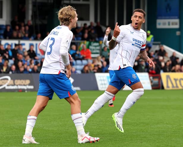 Rangers' James Tavernier (right) celebrates scoring their side's second goal of the game with team-mates during the cinch Premiership match at the Global Energy Stadium, Dingwall. PIC: Robert Perry/PA Wire.