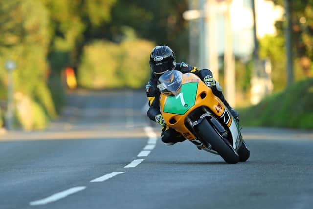 Mike Browne on the LayLaw Racing Yamaha TZ250 at Douglas Road Corner during practice at the Manx Grand Prix on Tuesday.