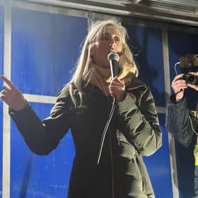 DUP MP Carla Lockhart speaking during an Orange Order parade in Portadown. Pic: Mícheál Ó Scannáil/Press Association