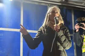 DUP MP Carla Lockhart speaking during an Orange Order parade in Portadown. Pic: Mícheál Ó Scannáil/Press Association
